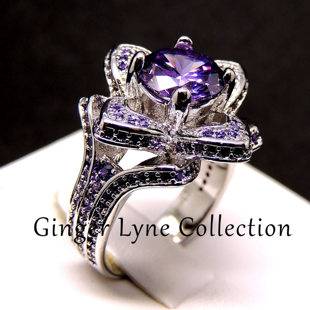 925 Silver Purple CZ Flower Platinum Plated Ring